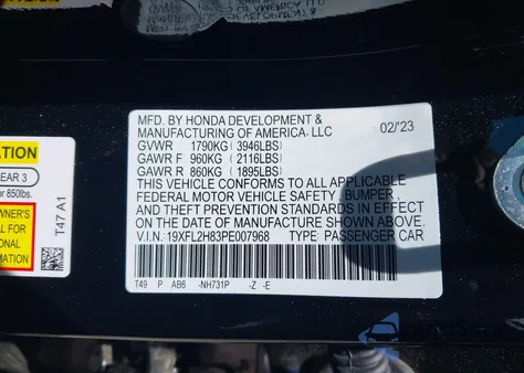 2023 Honda Civic Sport z USA, uszkodzony, nr VIN 19XFL2H83PE007968